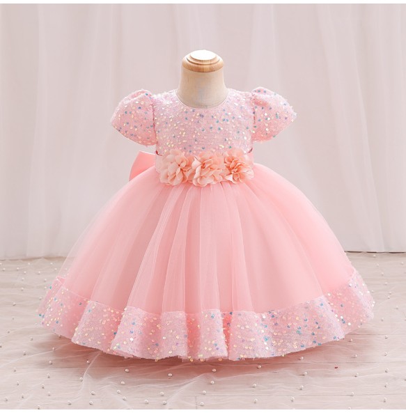 Hight Quality Princess Girls Sequin Flower Short Sleeve Ball Gown Party Dress Baby Kids Elegant Wedding Baptismal Dress Clothing