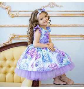 New Girls Dress With Headdress Bow Print Small Fly Sleeve Holiday Wedding Christmas Girls Princess Dress