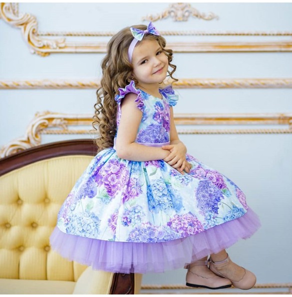 New Girls Dress With Headdress Bow Print Small Fly Sleeve Holiday Wedding Christmas Girls Princess Dress