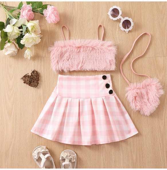 New Baby Girls Barbie Pink Fake Leather Slip Vest + Plaid Skirt + Love Heart Bag Clothing Set Kids Fashion Cool Hot Pink Clothes