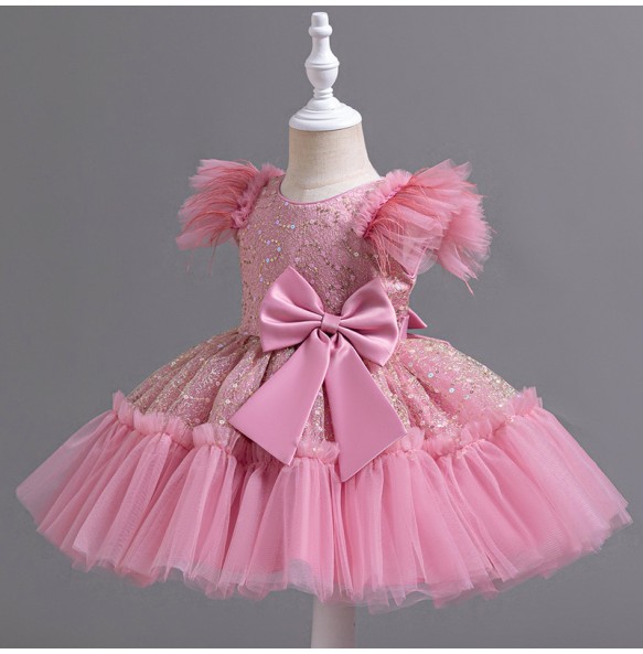 Summer New Girl's Sequin Flying Sleeves Big Bow Mesh Spliced Dress Birthday Party Wedding Flower Girl Princess Dress