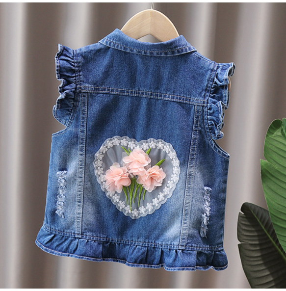 Children's Vest Spring and Autumn New Bow Crown Flower Print Flip Collar Vest Sweet and Cute Fashion Versatile Coat