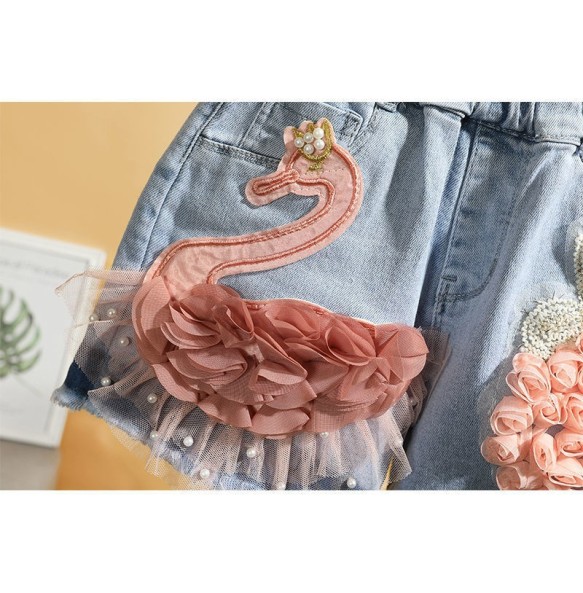 Baby Girl's Summer Cotton Denim Shorts Pants Toddler Kids Cute Swan Flower Soft Jeans for Teenager Girls Children Clothing