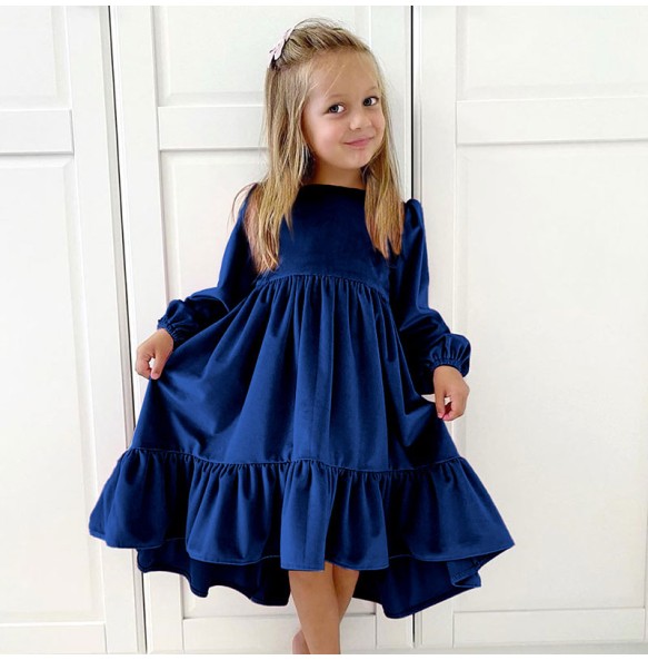 New 7-12 years Girls Spring Autumn Winter Velvet Long Sleeve Ruffle Hem Dress Princess Kids Party Dressess Children Clothing