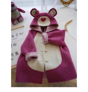 Disney Winter New Girl Strawberry Bear Sweet and Cute Warm Woolen Coat Fashion Versatile Love Print Long Coat for 1-8 Years