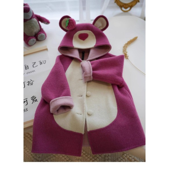 Disney Winter New Girl Strawberry Bear Sweet and Cute Warm Woolen Coat Fashion Versatile Love Print Long Coat for 1-8 Years