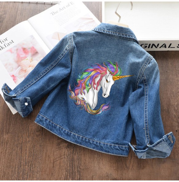 Autumn and winter Boys and Girls New Unicorn Excavator Cartoon Cute Print Polo Collar Long Sleeved Denim Coat for 2-10 Years