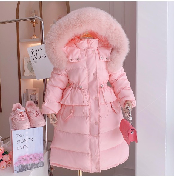 Girls' Winter New Solid Color Hoodie with Hairy Collar and Waist Collection Fashionable Windproof and Warm Long Cotton Jacket