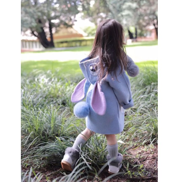 Autumn and Winter Girls New Disney Stitch Coat Purple Rabbit Children's Hooded Fashion Long Sleeve Long Woolen Coat