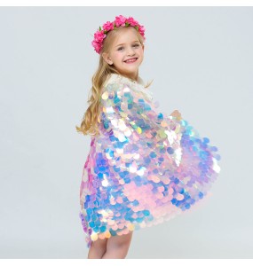 New Little Mermaid Princess Girls Sequins Cape Cloak for Beach Party Clothes Children Rainbow Shawl Cosplay Christmas Wear