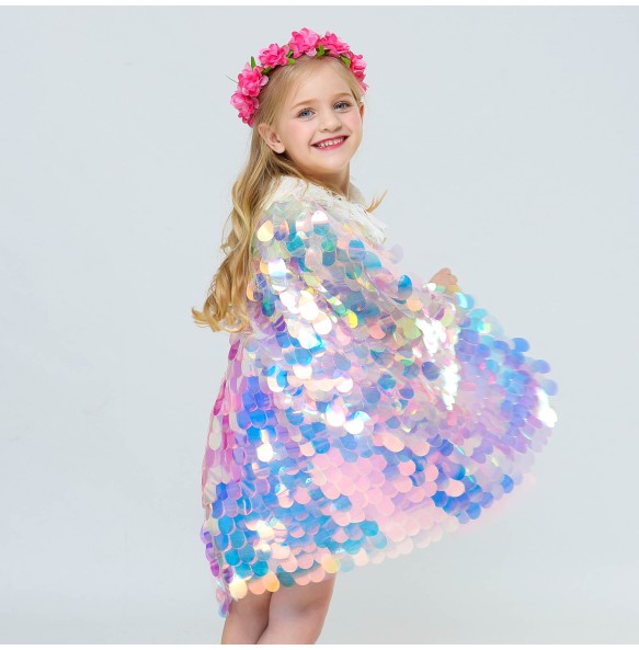 New Little Mermaid Princess Girls Sequins Cape Cloak for Beach Party Clothes Children Rainbow Shawl Cosplay Christmas Wear