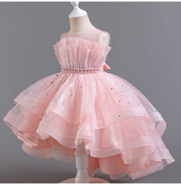 New Girl's Sequin Beaded Bow Drag Tail Mesh Fluffy Dress Wedding Flower Girl Birthday Party Fashionable Princess Dress