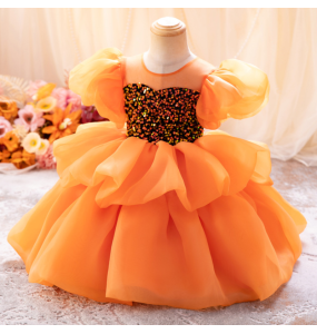 Girl's New Mesh Bubble Sleeves Sequin Fluffy Skirt Birthday Party Wedding Flower Girl School Stage Drama Performance Dress