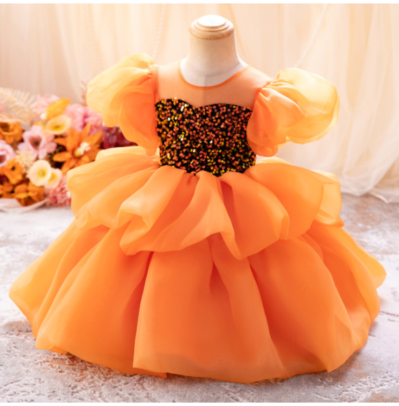 Girl's New Mesh Bubble Sleeves Sequin Fluffy Skirt Birthday Party Wedding Flower Girl School Stage Drama Performance Dress