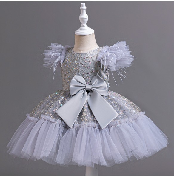 Summer New Girl's Sequin Flying Sleeves Big Bow Mesh Spliced Dress Birthday Party Wedding Flower Girl Princess Dress