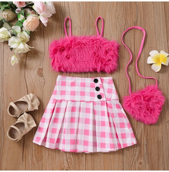 New Baby Girls Barbie Pink Fake Leather Slip Vest + Plaid Skirt + Love Heart Bag Clothing Set Kids Fashion Cool Hot Pink Clothes