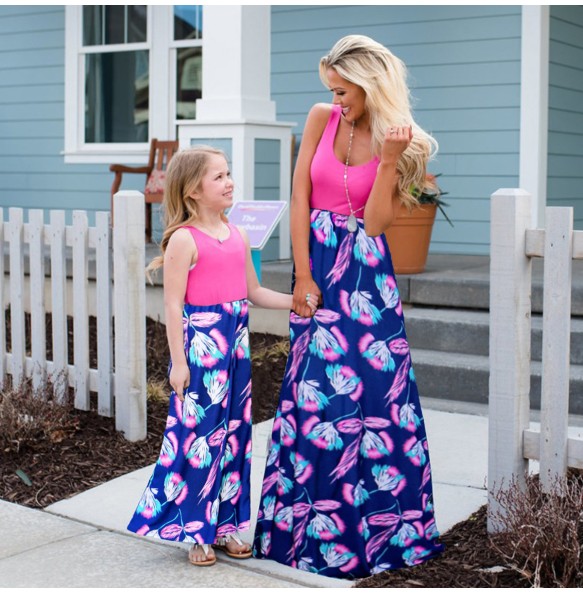 Summer Mother and Daughter Flower Long Dresses Beach Party Bohemia Maxi Dress Sundress Outfits Cotton Beachwear for Parent-Child