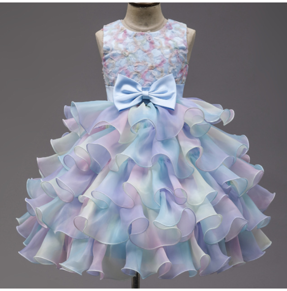 Summer New Wedding Flower Girl Birthday Party Rainbow Bow Fluffy Skirt Christmas School Stage Drama Mesh Performance Dress