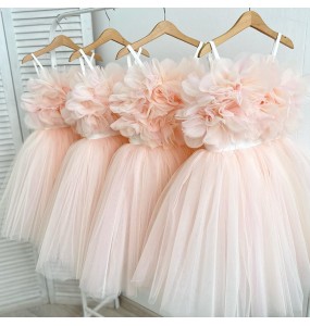 Girl's New 3D Decal Sleeveless Mesh Solid Color Sweet and Cute Princess Dress Wedding Flower Girl Evening Dress for 1-12 Years