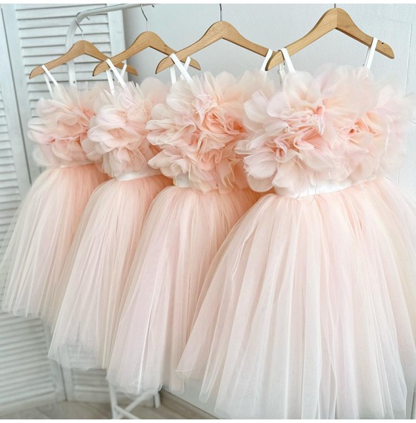 Girl's New 3D Decal Sleeveless Mesh Solid Color Sweet and Cute Princess Dress Wedding Flower Girl Evening Dress for 1-12 Years