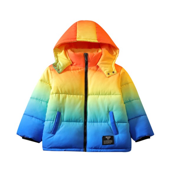 Boys' Winter Hooded Rainbow Long Sleeved Warm and Windproof Cotton Jacket Fashionable and Versatile Gradient Jacket