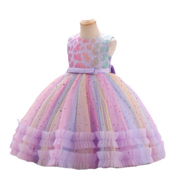 New Girl Embroidered Star Sequin Rainbow Mesh Sleeveless Dress Christmas Birthday Party Evening Dress for 1-10 Years Girl