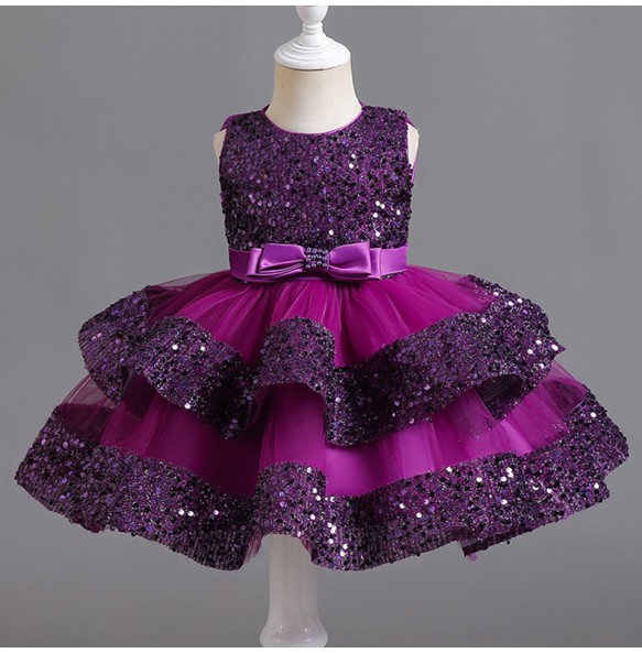 Summer New Beaded Bow Tie Sequin Mesh Children's Sleeveless Evening Dress School Graduation Party Multi Layered Dress