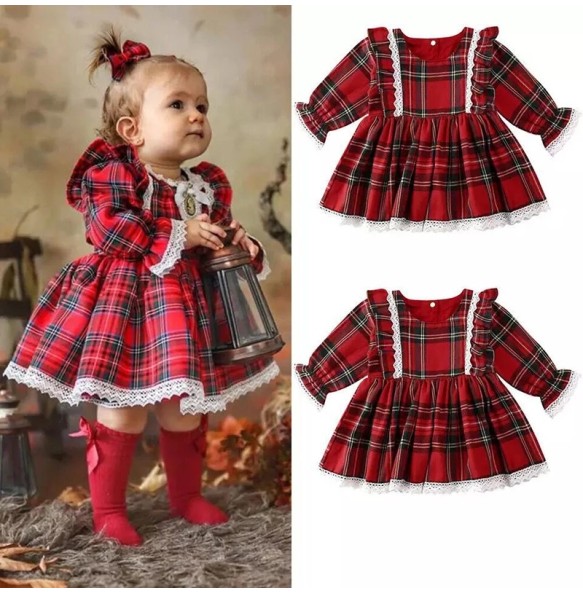 New 6M-5 Years Christmas Dress For Girls Toddler Kids Red Green Plaid Bow Dresses For Girl Xmas Party Princess Costumes Clothes