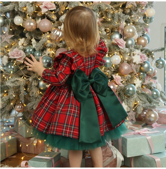 New 6M-5 Years Christmas Dress For Girls Toddler Kids Red Green Plaid Bow Dresses For Girl Xmas Party Princess Costumes Clothes