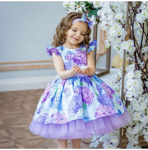 New Girls Dress With Headdress Bow Print Small Fly Sleeve Holiday Wedding Christmas Girls Princess Dress