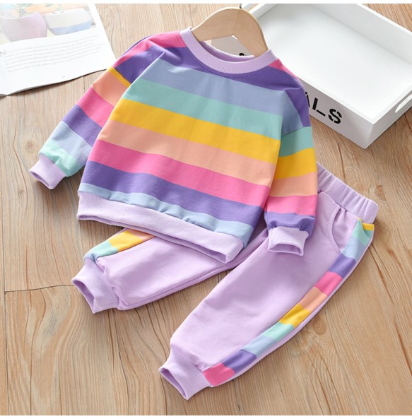 Baby Girls Rainbow Striped Spring Autumn Sport Causal Clothing Sets Children Kids Hoody T Shirt Pants Clothes for 2 to 8 years