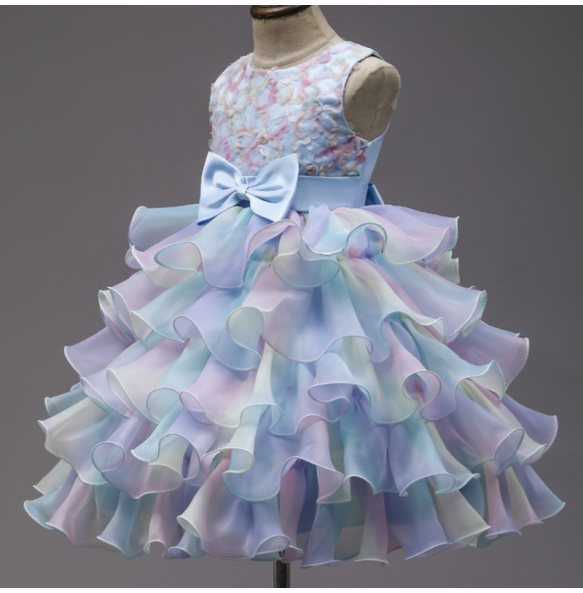 Summer New Wedding Flower Girl Birthday Party Rainbow Bow Fluffy Skirt Christmas School Stage Drama Mesh Performance Dress