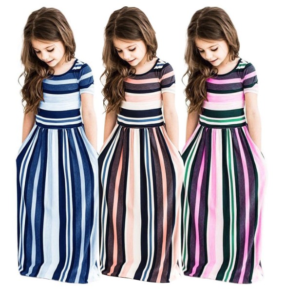 Baby Girl Striped Print Long Dress Toddler Girls Bohemian Flower Dress Kids Causal Clothes Polyester Soft Summer Beachwear Dress