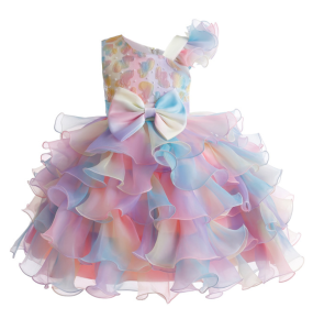 Girl's New Bow Sequin Rainbow Mesh Asymmetrical Collar Fluffy Skirt Sticker Birthday Party Stage Performance Dress