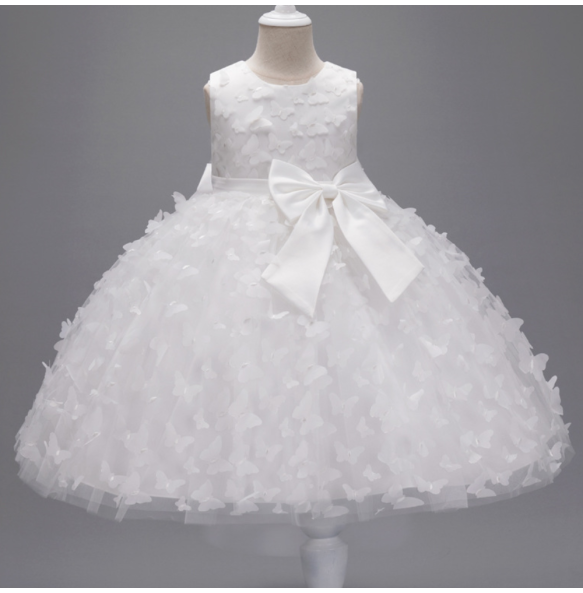 Girl's New Butterfly Skirt with Large Bow, Sweet and Cute Sleeveless Mesh Puffy Skirt Wedding Flower Girl Fashion Dress