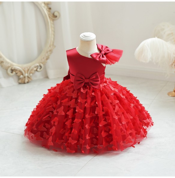 New Cute Butterfuly Flower Girls Brithday Wedding Dress Baby Kids Beauty Dress With Bownot