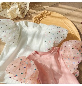 New Colorful Dotted Bubble Sleeve Mesh Girls' Top 2023 Summer Cotton Short Sleeve Sweet and Cute Baby T-Shirt