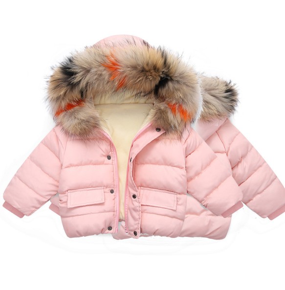 Boys and Girls Autumn and Winter New Solid Color Hooded Wool Collar with Plush and Thickened Windproof and Warm Cotton Coat