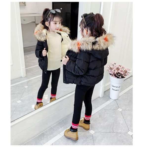 Boys and Girls Autumn and Winter New Solid Color Hooded Wool Collar with Plush and Thickened Windproof and Warm Cotton Coat