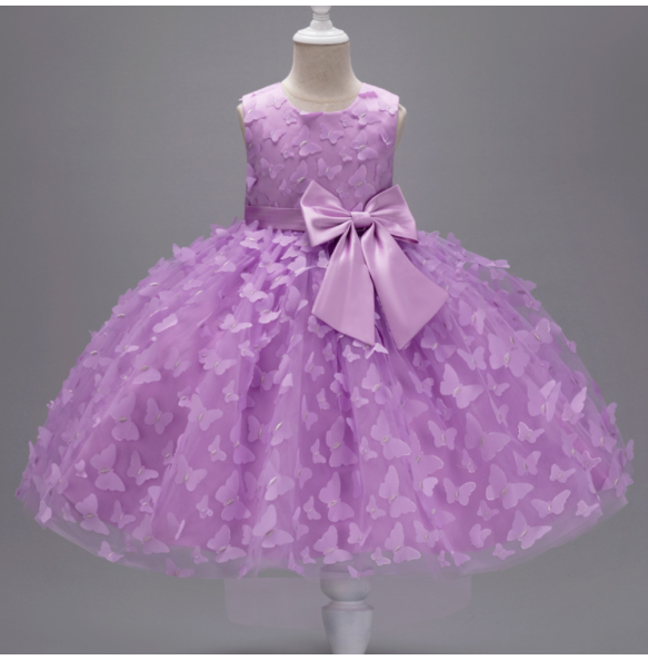 Girl's New Butterfly Skirt with Large Bow, Sweet and Cute Sleeveless Mesh Puffy Skirt Wedding Flower Girl Fashion Dress