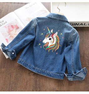 Autumn and winter Boys and Girls New Unicorn Excavator Cartoon Cute Print Polo Collar Long Sleeved Denim Coat for 2-10 Years