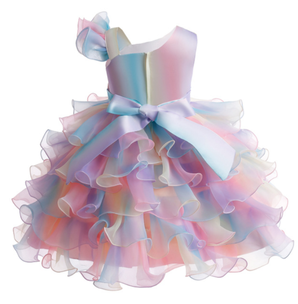 Girl's New Bow Sequin Rainbow Mesh Asymmetrical Collar Fluffy Skirt Sticker Birthday Party Stage Performance Dress