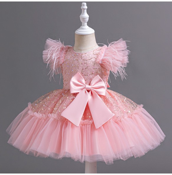 Summer New Girl's Sequin Flying Sleeves Big Bow Mesh Spliced Dress Birthday Party Wedding Flower Girl Princess Dress