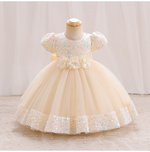 Hight Quality Princess Girls Sequin Flower Short Sleeve Ball Gown Party Dress Baby Kids Elegant Wedding Baptismal Dress Clothing