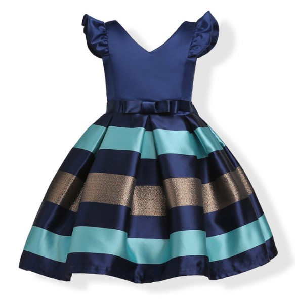 New Girls' Striped Small Flying Sleeve Bow Knot Colored Dress Birthday Party Wedding Flower Boy Sweet and Cute Dress