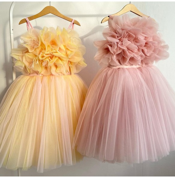 Girl's New 3D Decal Sleeveless Mesh Solid Color Sweet and Cute Princess Dress Wedding Flower Girl Evening Dress for 1-12 Years