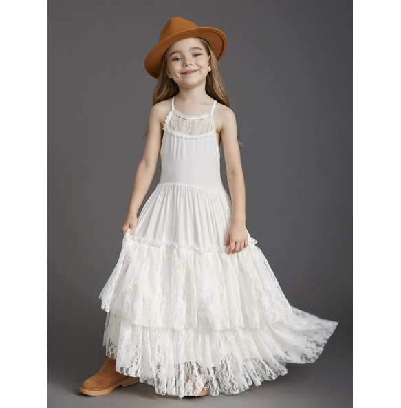 New 2024 Princess Girls Short Sleeve Lace Long Floor Dresses Baby Kids Flower Wedding Christmas Party Vestidos Children Clothing