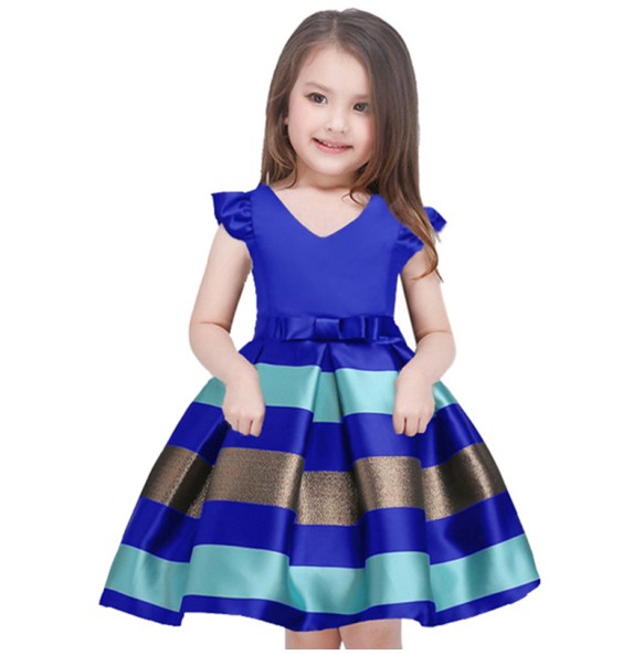 New Girls' Striped Small Flying Sleeve Bow Knot Colored Dress Birthday Party Wedding Flower Boy Sweet and Cute Dress