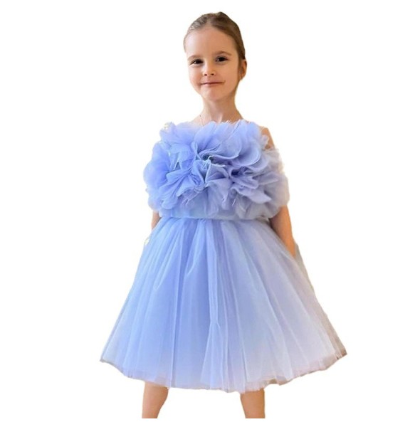 Girl's New 3D Decal Sleeveless Mesh Solid Color Sweet and Cute Princess Dress Wedding Flower Girl Evening Dress for 1-12 Years