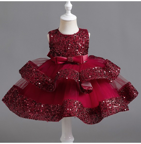 Summer New Beaded Bow Tie Sequin Mesh Children's Sleeveless Evening Dress School Graduation Party Multi Layered Dress